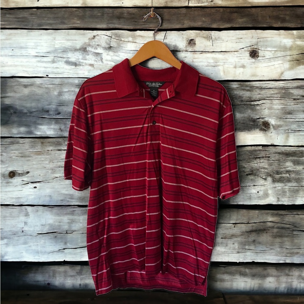 🤑10/$100 Brooks Bro red striped shirt sleeve collared performance knit polo M